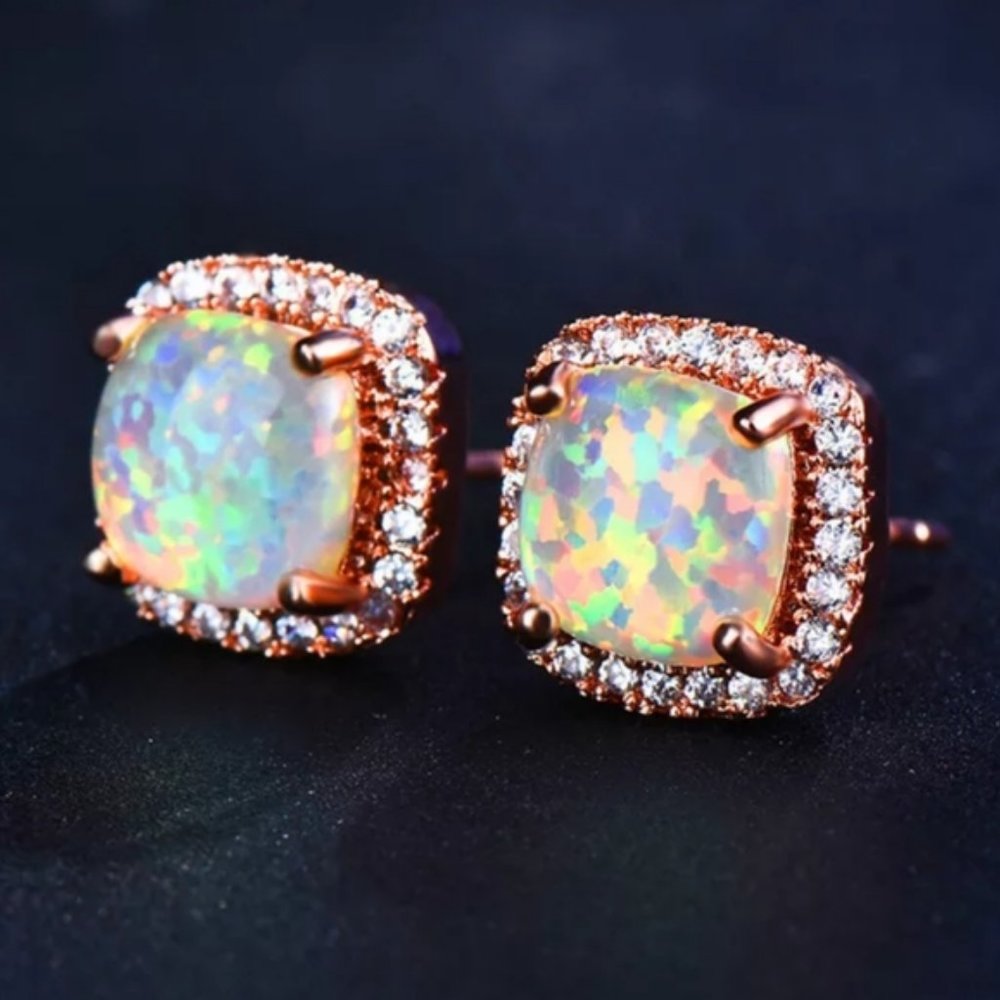 18K Rose Gold White Opal Diamond Halo Earrings - Picture 5 of 7